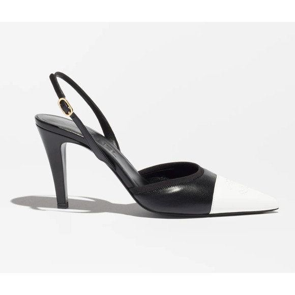 CHANEL Shoes - Chanel 26P Black White CC Logo Cap Pointed Toe Slingback Mule Heel Pump 39.5